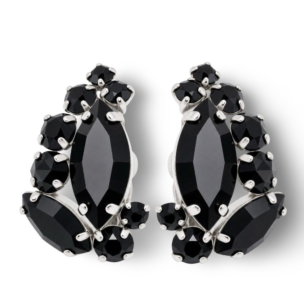 Vintage Sherman Jet Black Navette Rhinestone Clip Earrings Rhodium Canada 1950s